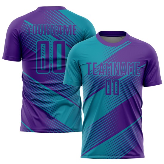 Camiseta de fútbol personalizada por sublimación en color verde azulado y morado Camiseta de fútbol personalizada por sublimación en color verde azulado y morado