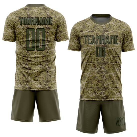 Uniforme de sublimación de camisetas de fútbol, personalizado, camuflaje verde oliva y negro Uniforme de sublimación de camisetas de fútbol, personalizado, camuflaje verde oliva y negro