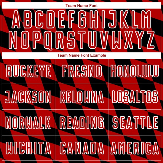 Uniforme de fútbol sublimado negro con estampado de rombos, camiseta roja y blanca personalizada Uniforme de fútbol sublimado negro con estampado de rombos, camiseta roja y blanca personalizada