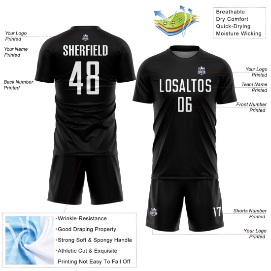 Uniforme de fútbol personalizado blanco sublimado camiseta negra Uniforme de fútbol personalizado blanco sublimado camiseta negra