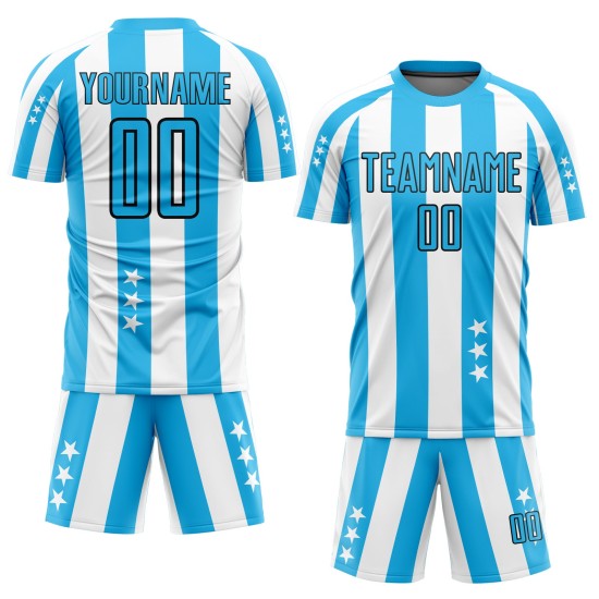 Uniforme de fútbol personalizado Sky And Stars con cuadros azul y negro, sublimación, camiseta blanca Uniforme de fútbol personalizado Sky And Stars con cuadros azul y negro, sublimación, camiseta blanca