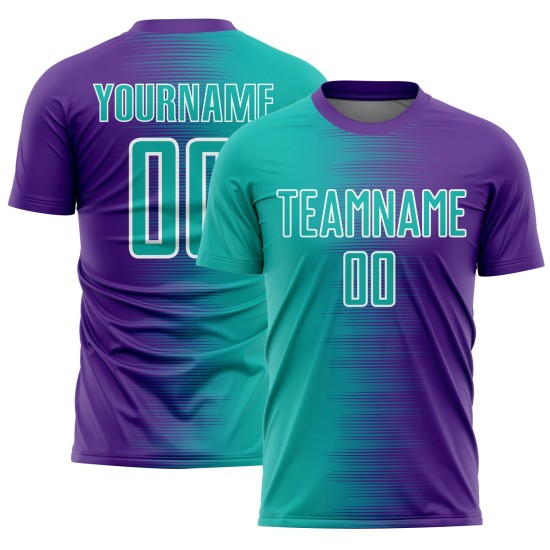 Camiseta de fútbol morada personalizada con degradado de línea blanca aguamarina y sublimación Camiseta de fútbol morada personalizada con degradado de línea blanca aguamarina y sublimación