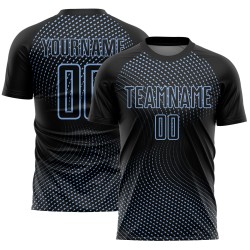 Uniforme de fútbol con líneas de sublimación geométricas, camiseta negra personalizada, azul claro