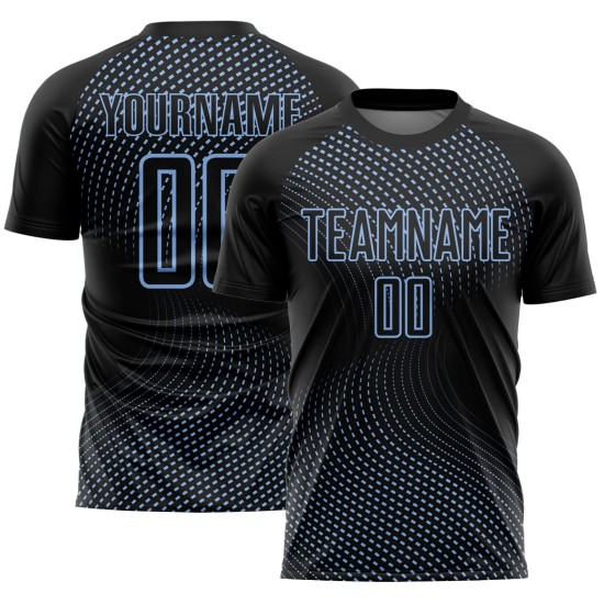 Uniforme de fútbol con líneas de sublimación geométricas, camiseta negra personalizada, azul claro Uniforme de fútbol con líneas de sublimación geométricas, camiseta negra personalizada, azul claro