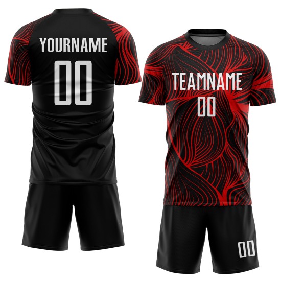 Uniforme de fútbol personalizado sublimado blanco y rojo, camiseta negra Uniforme de fútbol personalizado sublimado blanco y rojo, camiseta negra