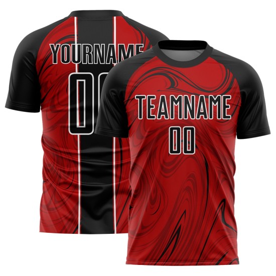 Camiseta de fútbol roja fluida abstracta, negra y blanca, uniforme de sublimación personalizado Camiseta de fútbol roja fluida abstracta, negra y blanca, uniforme de sublimación personalizado