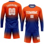 Camiseta de fútbol personalizada de sublimación con mangas en blanco y naranja real, con decoloración larga Camiseta de fútbol personalizada de sublimación con mangas en blanco y naranja real, con decoloración larga
