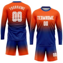 Camiseta de fútbol personalizada de sublimación con mangas en blanco y naranja real, con decoloración larga Camiseta de fútbol personalizada de sublimación con mangas en blanco y naranja real, con decoloración larga