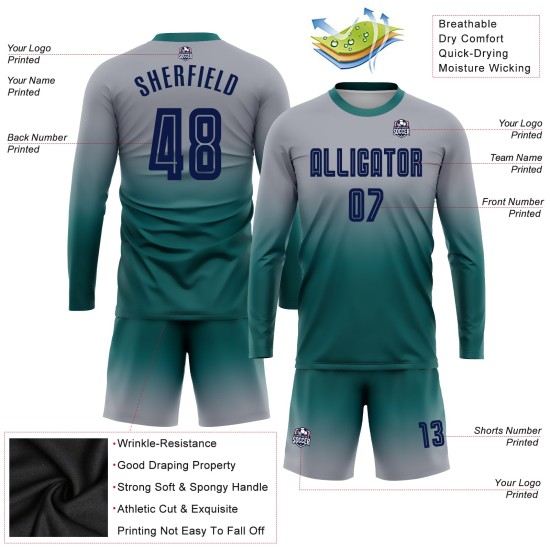 Camiseta larga de fútbol azul marino-verde azulado con mangas desteñidas grises personalizadas por sublimación Camiseta larga de fútbol azul marino-verde azulado con mangas desteñidas grises personalizadas por sublimación
