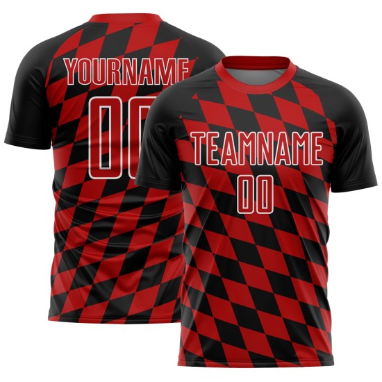 Uniforme de fútbol sublimado negro con estampado de rombos, camiseta roja y blanca personalizada Uniforme de fútbol sublimado negro con estampado de rombos, camiseta roja y blanca personalizada