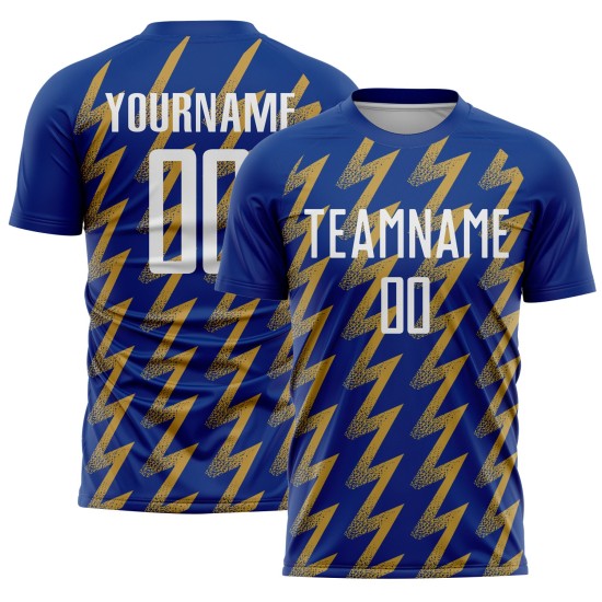 Camiseta de fútbol personalizada dorada con sublimación, color blanco y zigzag antiguo. Camiseta de fútbol personalizada dorada con sublimación, color blanco y zigzag antiguo.