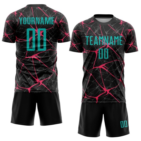 Camiseta de fútbol personalizada de sublimación, color rosa y negro, color agua-neón Camiseta de fútbol personalizada de sublimación, color rosa y negro, color agua-neón