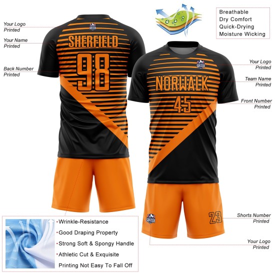 Camiseta de fútbol personalizada con rayas naranjas y sublimación negra Camiseta de fútbol personalizada con rayas naranjas y sublimación negra