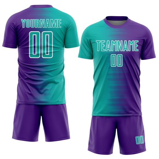 Camiseta de fútbol morada personalizada con degradado de línea blanca aguamarina y sublimación Camiseta de fútbol morada personalizada con degradado de línea blanca aguamarina y sublimación