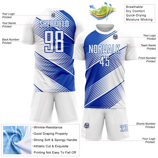Camiseta de fútbol personalizada Blue Line Thunder Sublimación Uniforme Blanco Camiseta de fútbol personalizada Blue Line Thunder Sublimación Uniforme Blanco
