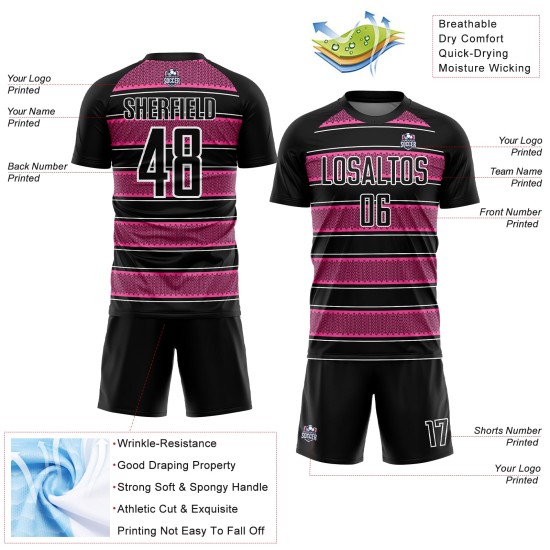 Uniforme de Fútbol y Camiseta Línea Rosa-Blanca Formas Personalizadas Geométricas Negras Sublimación Uniforme de Fútbol y Camiseta Línea Rosa-Blanca Formas Personalizadas Geométricas Negras Sublimación