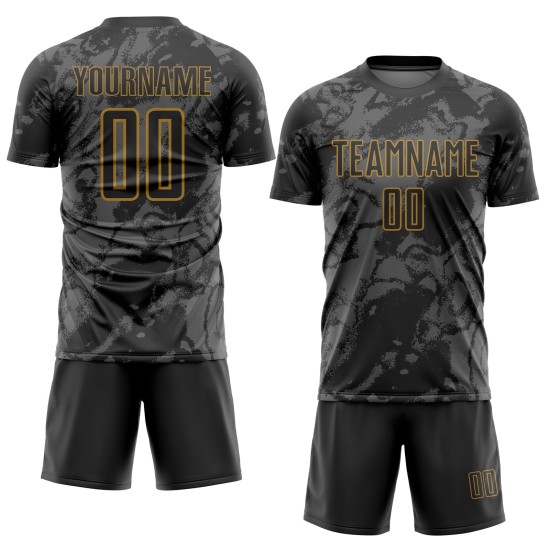Uniforme de fútbol personalizado dorado con sublimación, arte abstracto, gris-negro antiguo grunge Uniforme de fútbol personalizado dorado con sublimación, arte abstracto, gris-negro antiguo grunge