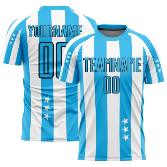 Uniforme de fútbol personalizado Sky And Stars con cuadros azul y negro, sublimación, camiseta blanca Uniforme de fútbol personalizado Sky And Stars con cuadros azul y negro, sublimación, camiseta blanca