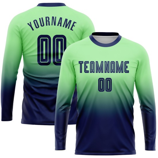 Camiseta de fútbol verde de moda personalizada con sublimación, manga larga, color azul marino degradado Camiseta de fútbol verde de moda personalizada con sublimación, manga larga, color azul marino degradado