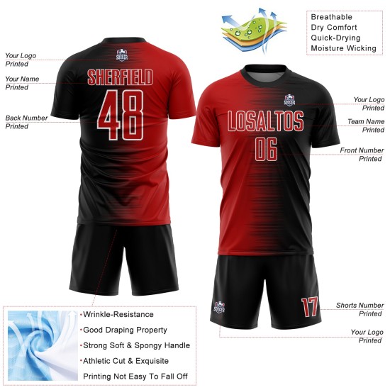 Camiseta de fútbol personalizada con degradado de línea, uniforme de sublimación negro, rojo y blanco Camiseta de fútbol personalizada con degradado de línea, uniforme de sublimación negro, rojo y blanco