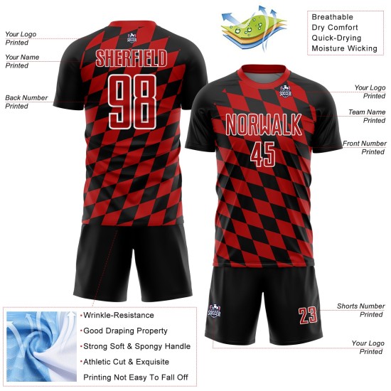 Uniforme de fútbol sublimado negro con estampado de rombos, camiseta roja y blanca personalizada Uniforme de fútbol sublimado negro con estampado de rombos, camiseta roja y blanca personalizada