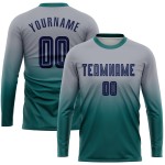 Camiseta larga de fútbol azul marino-verde azulado con mangas desteñidas grises personalizadas por sublimación Camiseta larga de fútbol azul marino-verde azulado con mangas desteñidas grises personalizadas por sublimación