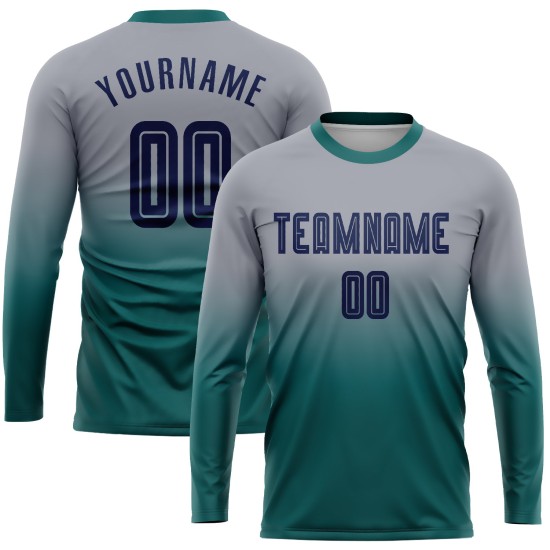 Camiseta larga de fútbol azul marino-verde azulado con mangas desteñidas grises personalizadas por sublimación Camiseta larga de fútbol azul marino-verde azulado con mangas desteñidas grises personalizadas por sublimación