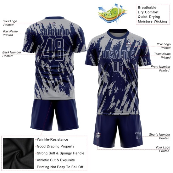 Camiseta gris sublimada personalizada azul marino uniforme de fútbol Camiseta gris sublimada personalizada azul marino uniforme de fútbol