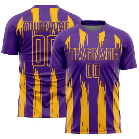Uniforme de fútbol de sublimación con rayas doradas y moradas, personalizado y abstracto Uniforme de fútbol de sublimación con rayas doradas y moradas, personalizado y abstracto