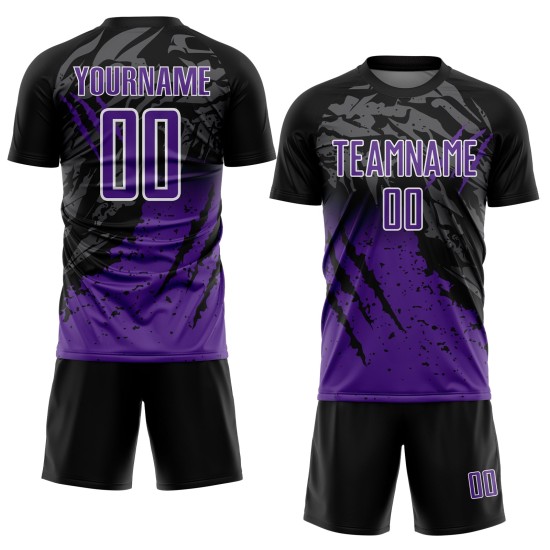 Camiseta personalizada de fútbol con degradado morado y blanco para sublimación, color negro y rayado Camiseta personalizada de fútbol con degradado morado y blanco para sublimación, color negro y rayado