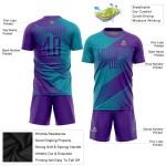 Camiseta de fútbol personalizada por sublimación en color verde azulado y morado Camiseta de fútbol personalizada por sublimación en color verde azulado y morado