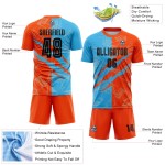 Camiseta de fútbol personalizada con estampado de grafiti de sublimación azul-naranja y negro, uniforme Sky Camiseta de fútbol personalizada con estampado de grafiti de sublimación azul-naranja y negro, uniforme Sky