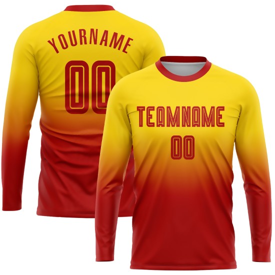 Camiseta larga roja desteñida personalizada, dorada, de sublimación, manga de uniforme de fútbol Camiseta larga roja desteñida personalizada, dorada, de sublimación, manga de uniforme de fútbol