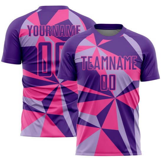 Uniforme de fútbol rosa con patrón personalizado, camiseta geométrica de sublimación morada Uniforme de fútbol rosa con patrón personalizado, camiseta geométrica de sublimación morada