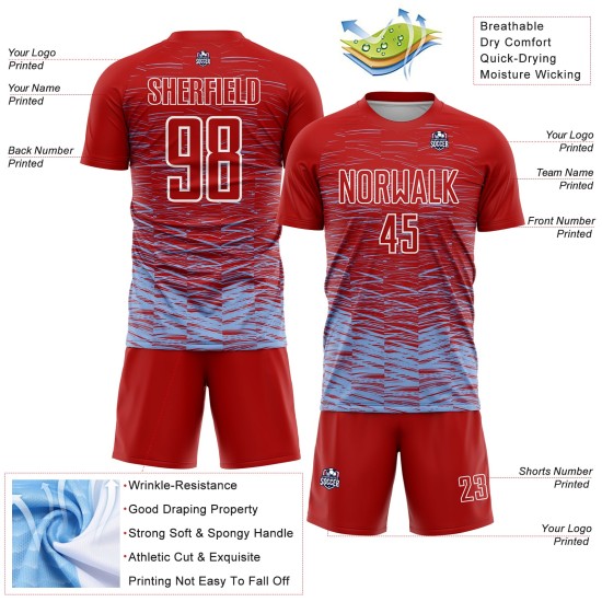Camiseta de fútbol personalizada por sublimación, uniforme de línea ligera azul y blanca, color rojo Camiseta de fútbol personalizada por sublimación, uniforme de línea ligera azul y blanca, color rojo